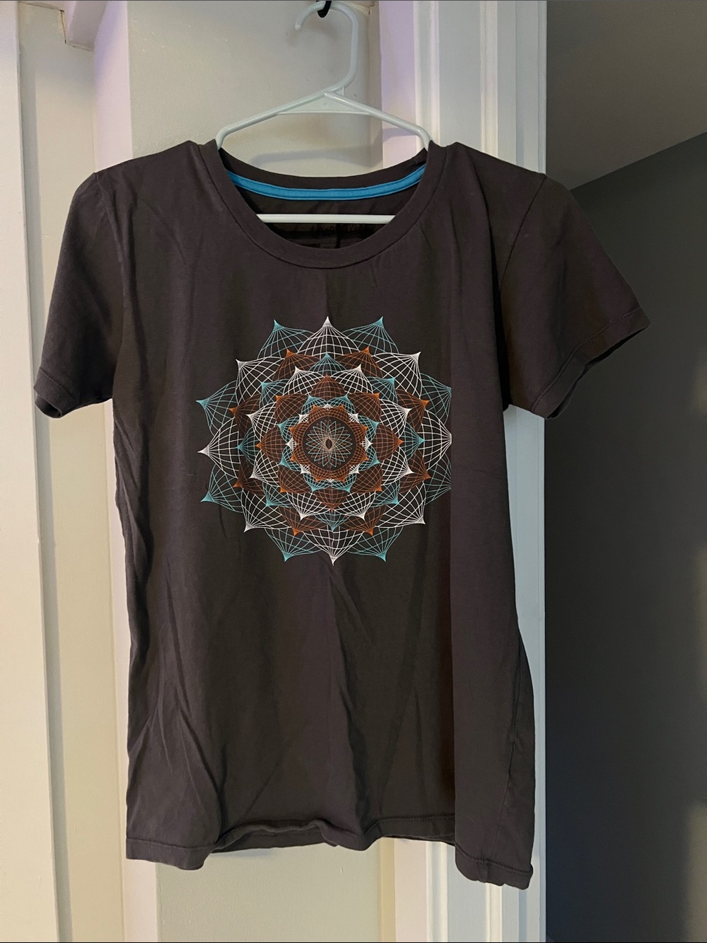 Threadless Charcoal Short-Sleeve Tee with Teal and Rust Mandala